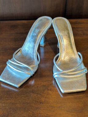 Zara Metallic Silver Square-Toe Strappy Mules